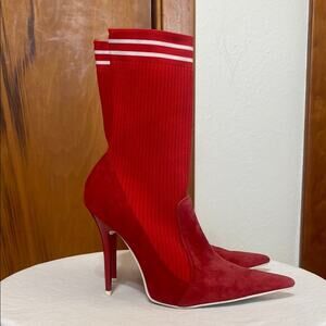 Jeffrey Campbell Red Suede Stiletto Heels Ribbed Striped Knit Socks 4.5” Size 7